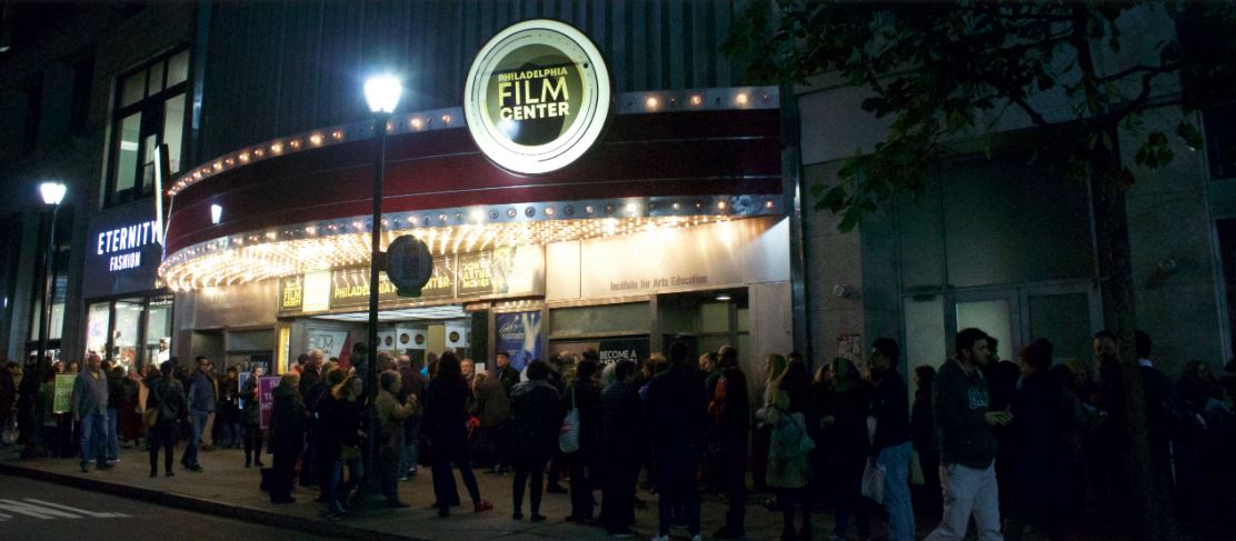 A photo of the marquee at night at the Philadelphia Film Center