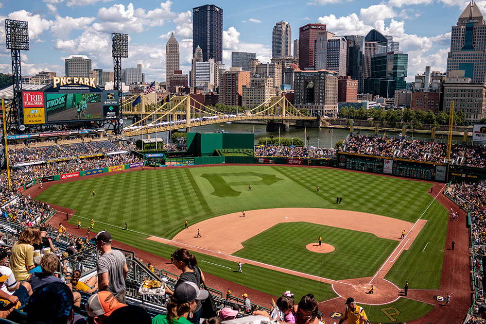 wide shot of PNC Park in Pittsburgh, home of the Pittsburgh Pirates