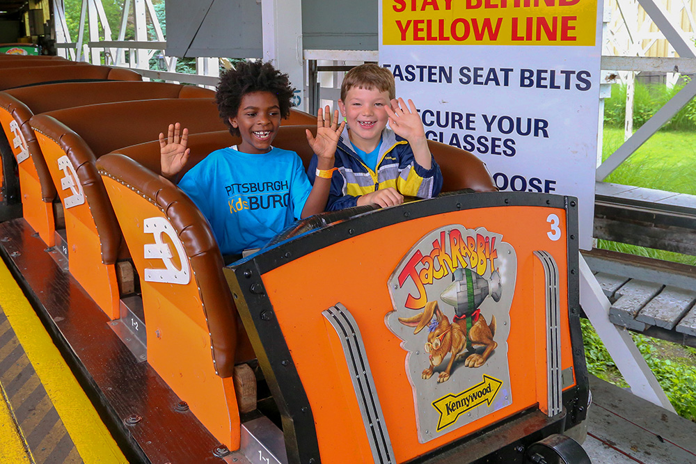 kids at Kennywood ride the Jack Rabbit rollercoaster