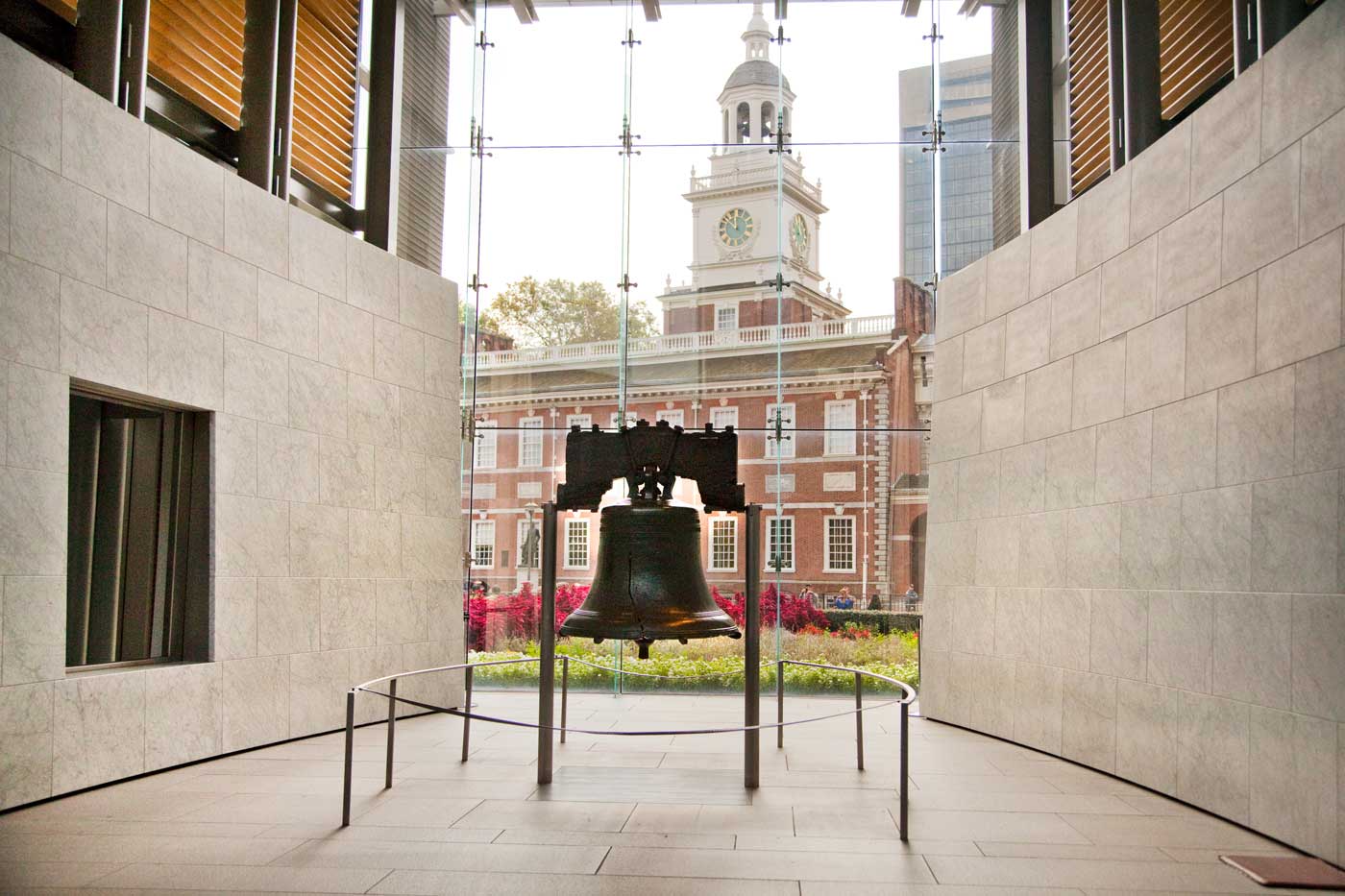 Independence Hall behind Liberty Bell
