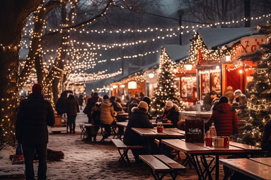 people sitting near Holiday Shops