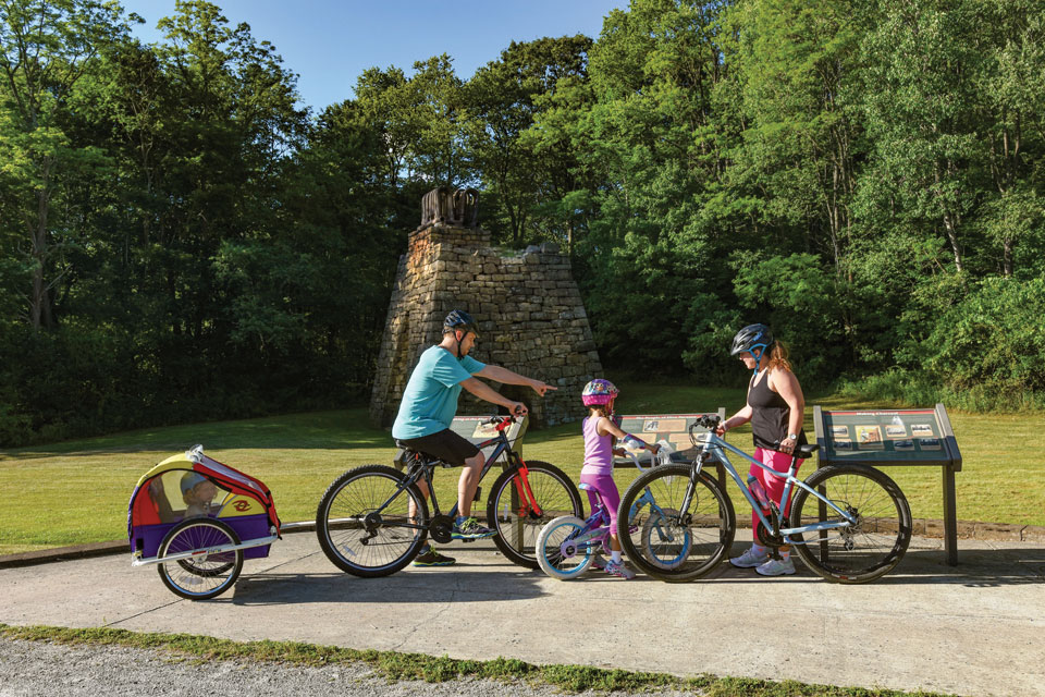 A family biking on trail