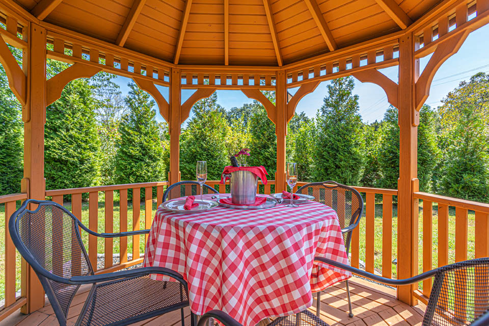 Table and chairs under a gazebo to dine