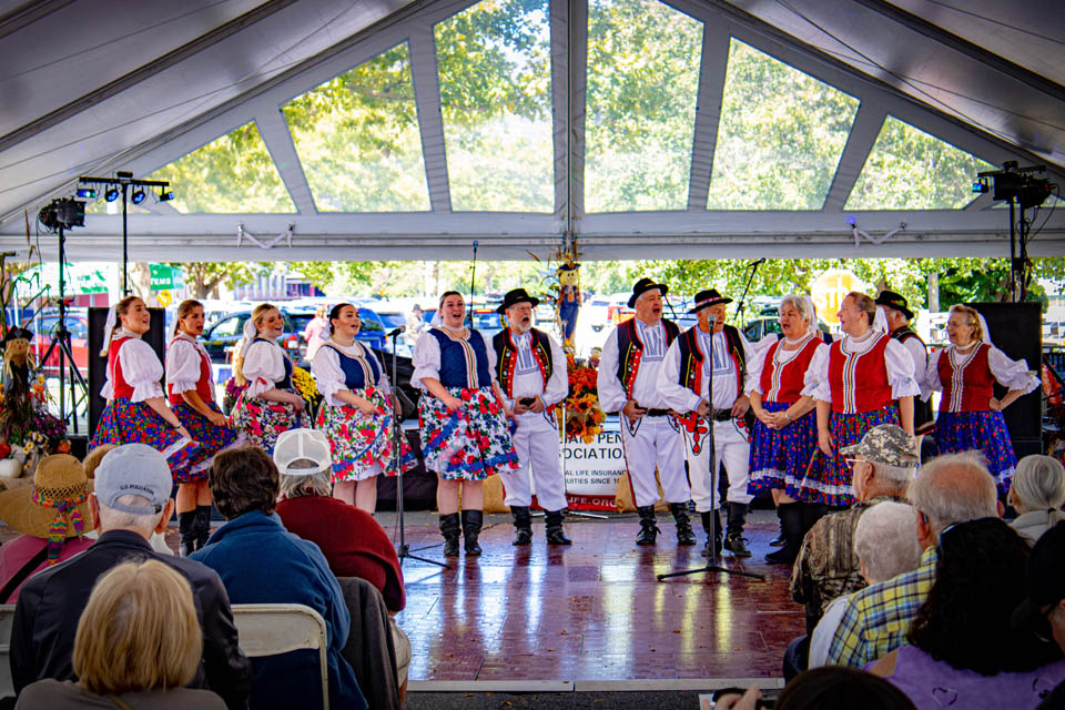 a group of people performing Slavic dancing