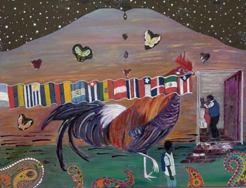 a painting of a rooster holding various country flags