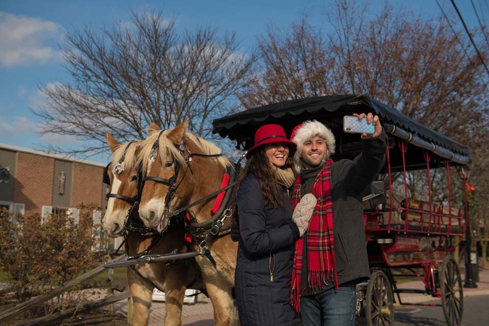 a couple taking selfie with a holiday horse carriage ride