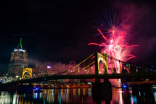 Fireworks light up night downtown pittsburgh