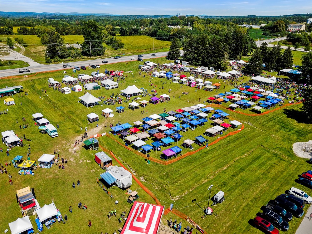 A large group of tents in a field