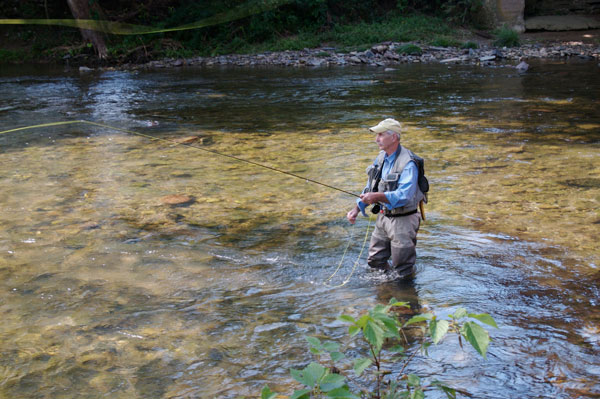 person fishing standing inside creek