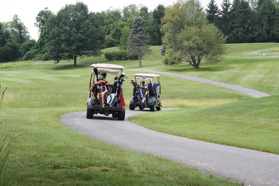 two golf carts riding