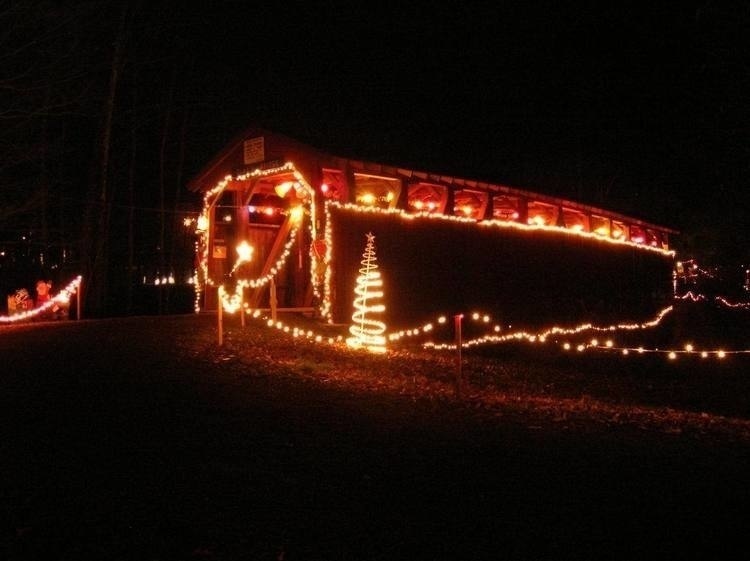 Covered bridge with Christmas lights