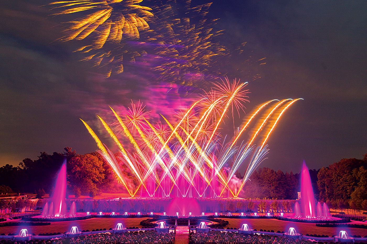 firework and lights at water fountain Longwood Gardens