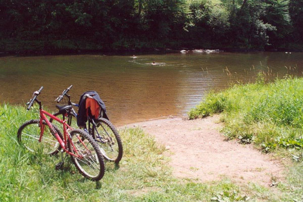 bikes parked next to lake