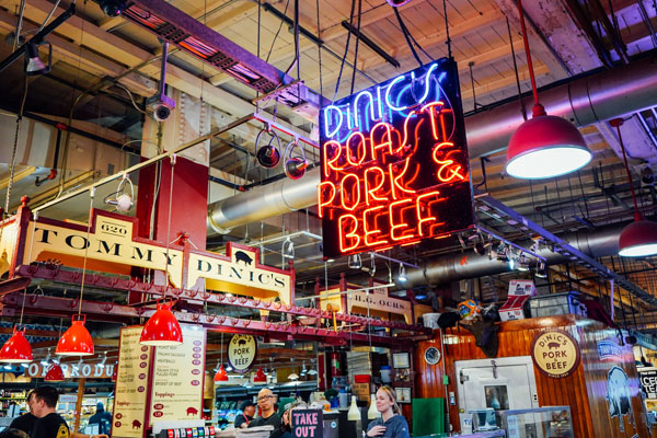 signage boards and lights inside market terminal