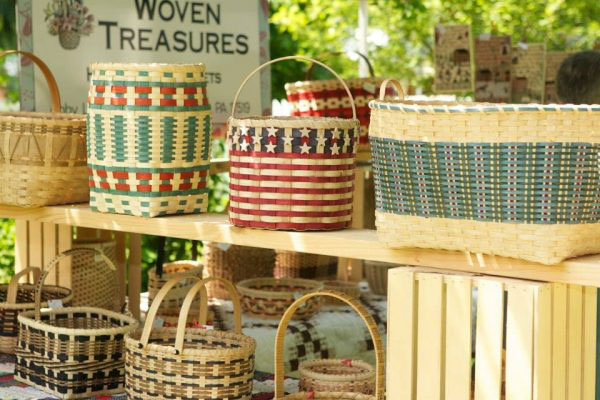 Woven baskets placed on table 