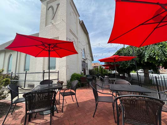 Outdoor seating under Umbrellas