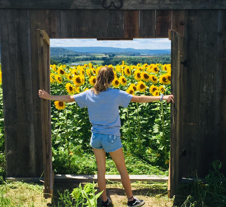 girl holding door sun flower field
