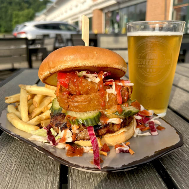 Beer and burger with fries