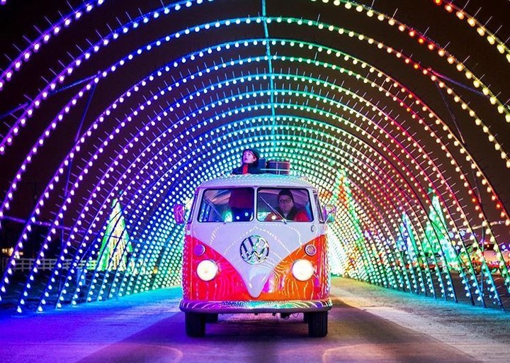 driving wagon under Christmas lights