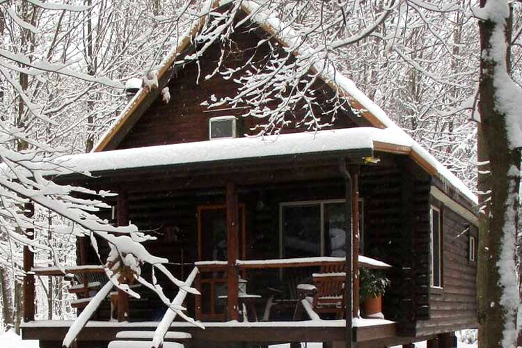 Wood log cabin by creek
