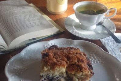pie serving in a plate with hot leaf tea in a cup while reading a book