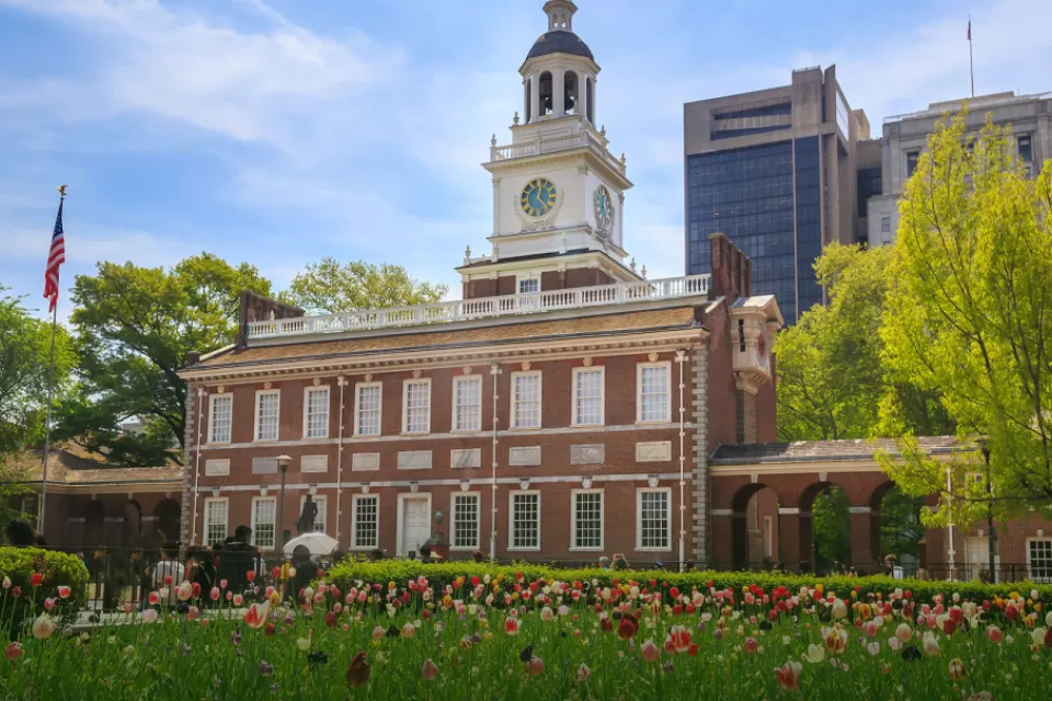 flowers bloom in front of Independence Hall in Philadelphia