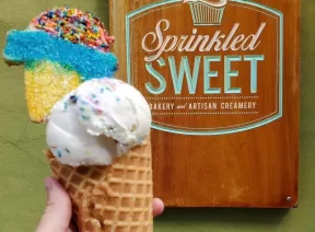 a person holding ice cream served in a waffle cone