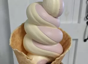Vanilla and strawberry custard in a waffle cone being held up for a photo