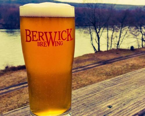 A photo of a draft beer in a pint glass sitting on a patio table overlooking a body of water in Pennsylvania