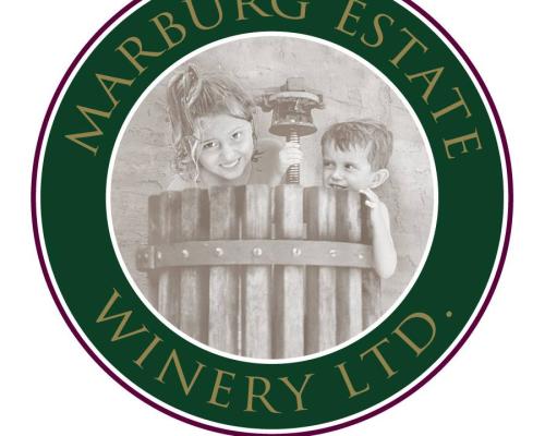 The logo for Marburg Estate Winery, a circular crest with two children in a grape press