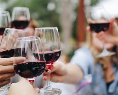 A group of people toasting with red wine in a wine glass at Cardinal Hollow Winery