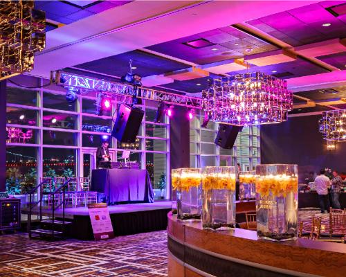 A photo of the interior of Sugar House Casino with colorful lights in Philadelphia, PA