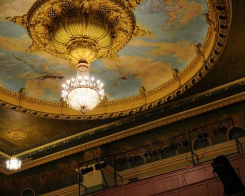Mishler Theatre painted ceiling and chandelier