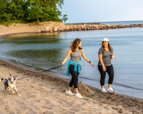 ladies walking a dog on beach