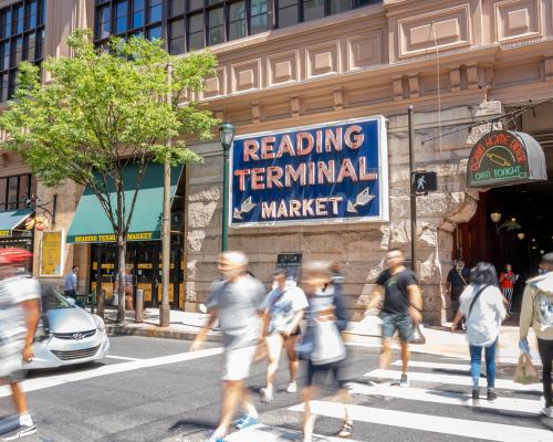 people crossing road at Reading terminal market