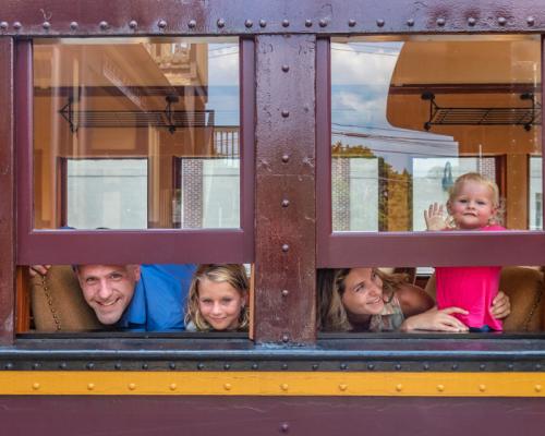 family peeking thru window of a rail car