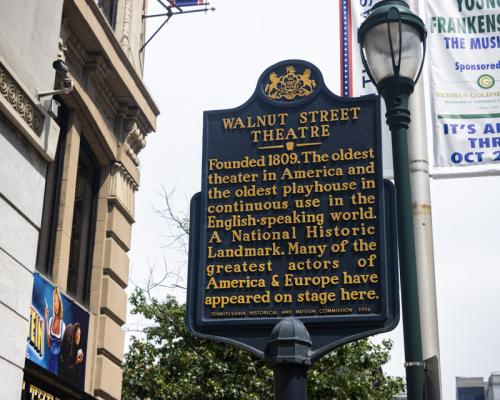 Walnut Street Theater Historic marker on street